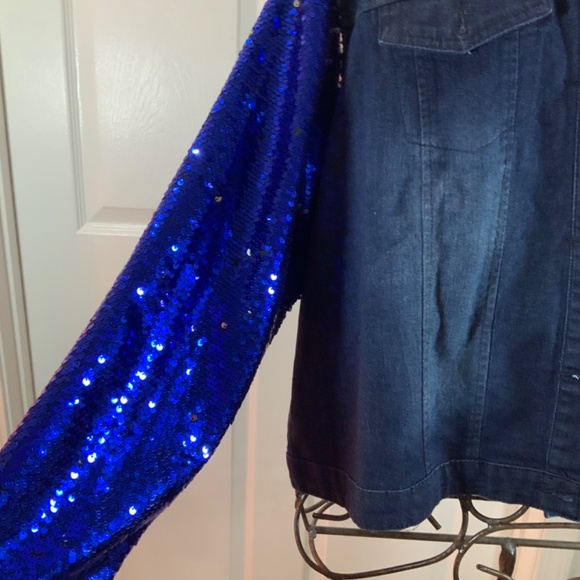 Touch Me Blue Sequin Denim Glitter Sleeve Jacket Plus Size 1X - Picture 4 of 8
